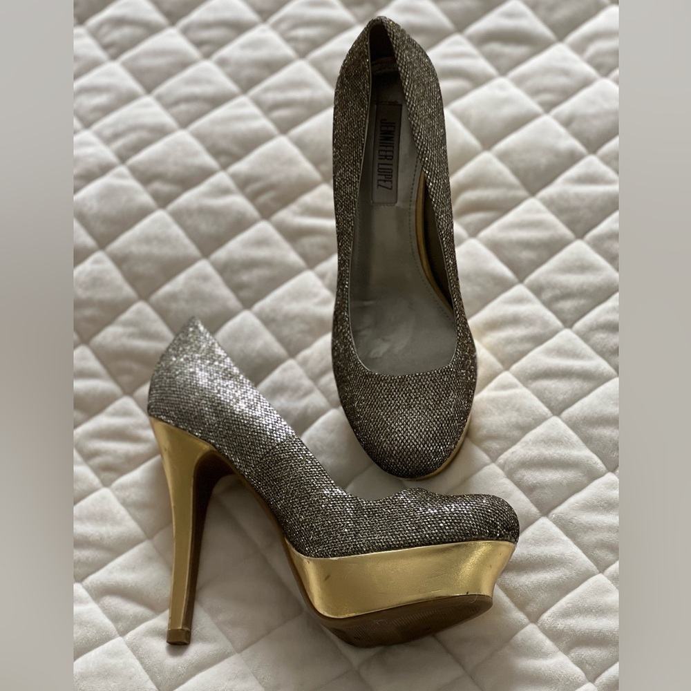 Jennifer Lopez Glittering Silver and Gold Heels
